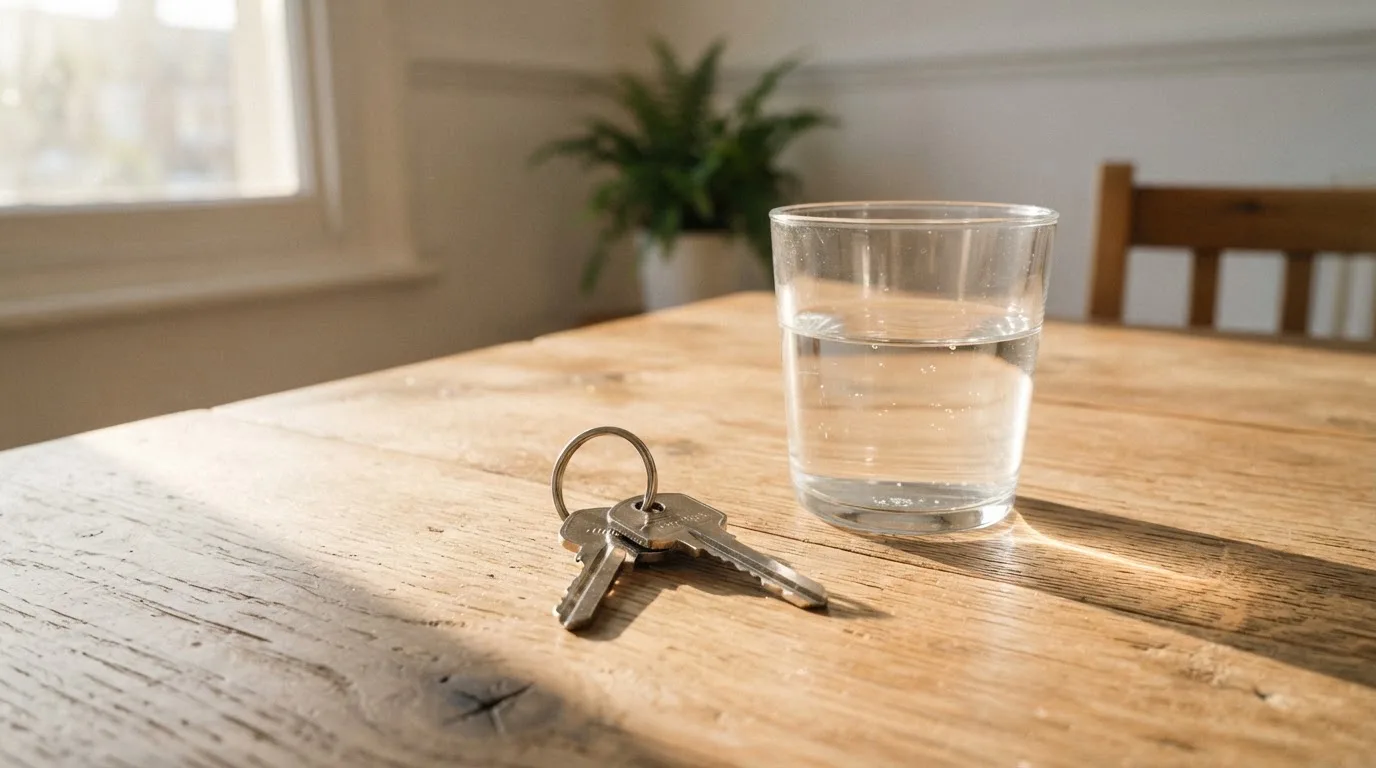 Ein Schlüsselbund und ein Glas Wasser stehen auf einem Holztisch im Licht eines Fensters