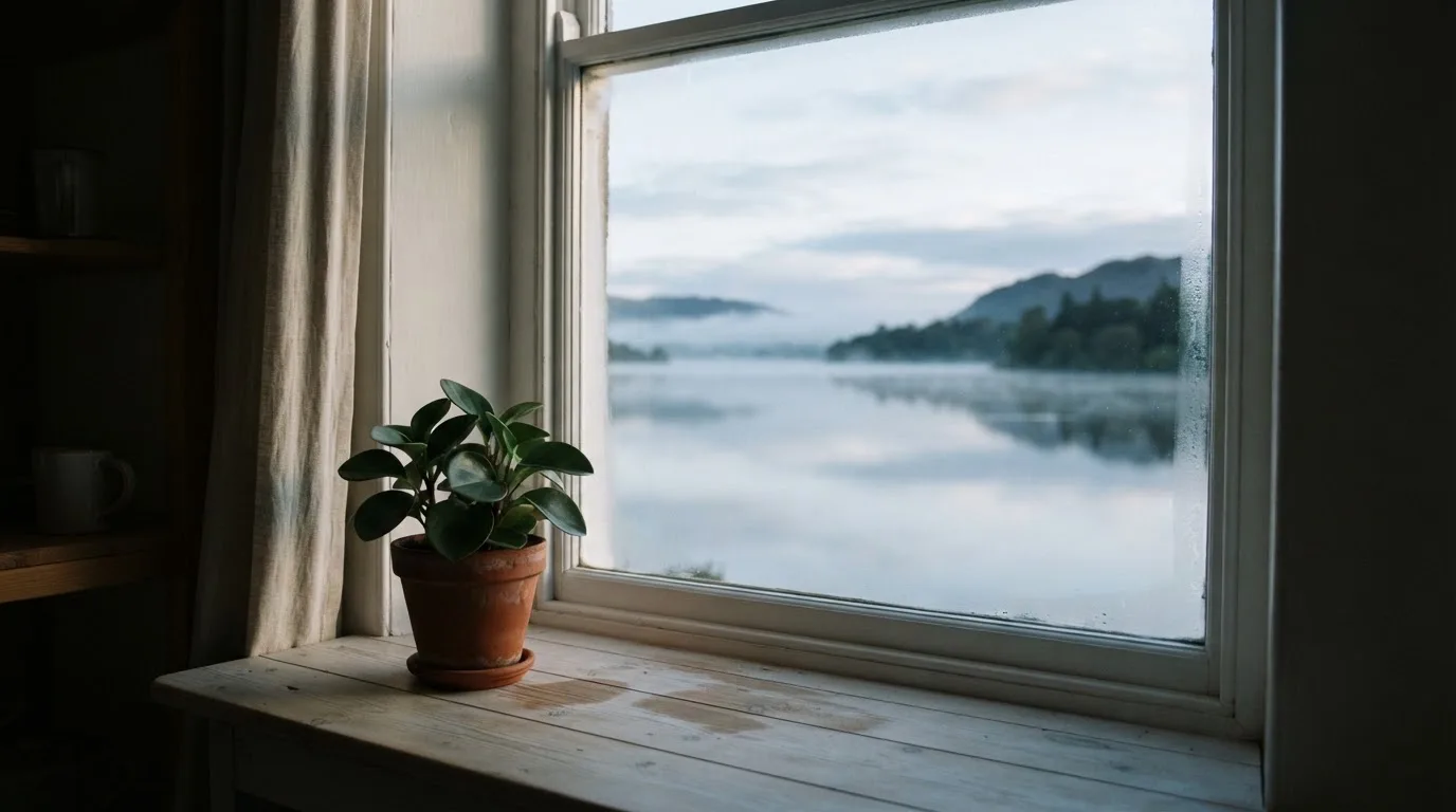 Eine Topfpflanze auf einem Fensterbrett mit weitem Blick über einen stillen See am Morgen