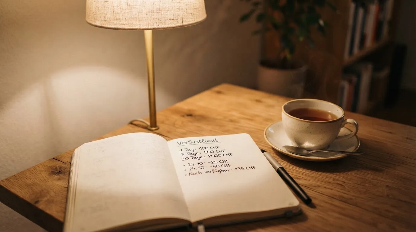 Ein Notizbuch mit handschriftlichen Einträgen und eine Tasse Tee stehen auf einem Tisch neben einer Stehlampe