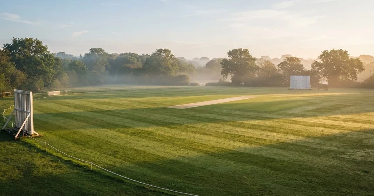 Ein ovales Cricketfeld mit gemähtem Rasen und hellem Mittelstreifen am frühen Morgen, Nebel zwischen den Bäumen am Rand