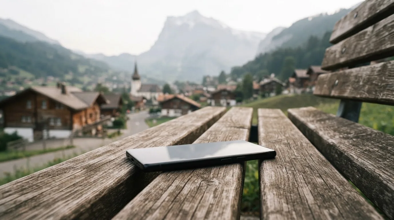 Ein Smartphone mit dunklem Display liegt auf einer Parkbank, dahinter ein Schweizer Dorf mit Kirchturm im Dunst