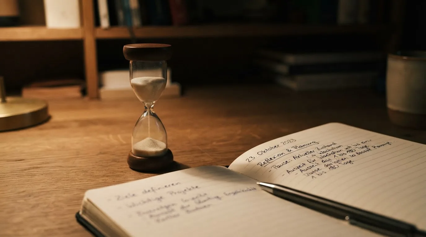 Eine Sanduhr steht auf einem Schreibtisch neben einem Notizbuch mit handschriftlichen Einträgen im Licht einer Lampe