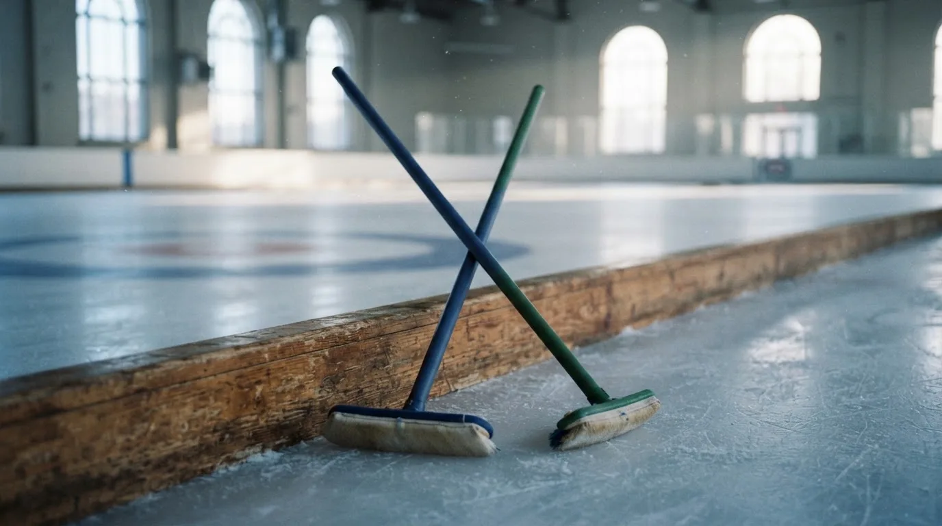 Zwei Curlingbesen lehnen an einer Bande am Rand einer leeren Eisfläche, kaltes Licht fällt durch hohe Fenster