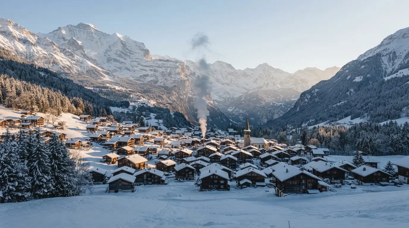 Ein Bergdorf im Schnee am Morgen aus der Ferne gesehen, aus einem Kamin steigt Rauch auf