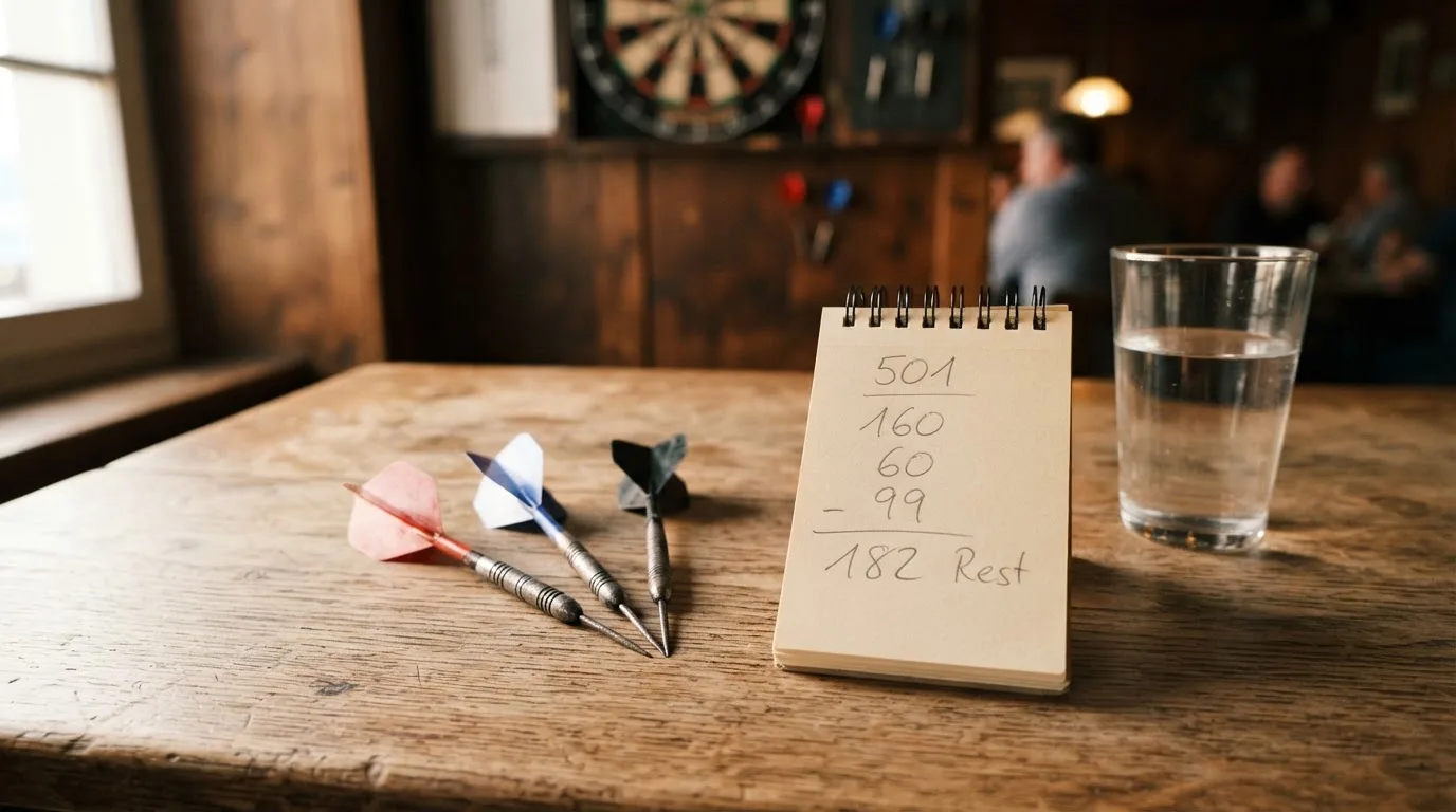 Drei Dartpfeile liegen auf einer Holzfläche neben einem Notizblock mit handschriftlichen Zahlen und einem Glas Wasser