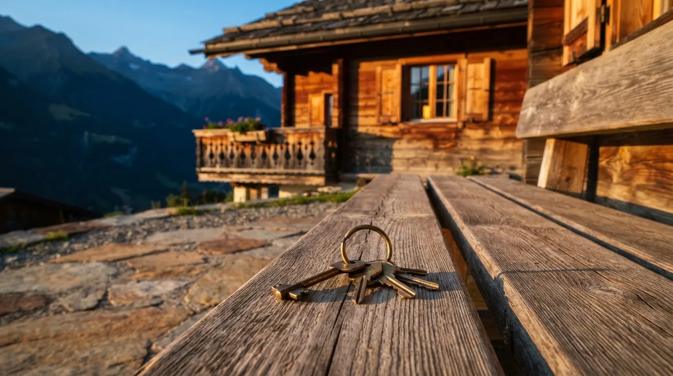 Eine Holzbank steht vor einem Chalet im Abendlicht, ein Schlüsselbund liegt darauf