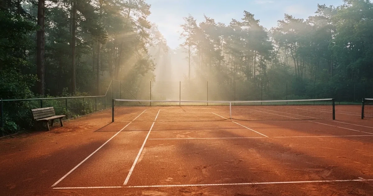 Ein Tennisplatz aus Sand bei Sonnenaufgang mit gespanntem Netz, Nebel zwischen den Bäumen am Rand