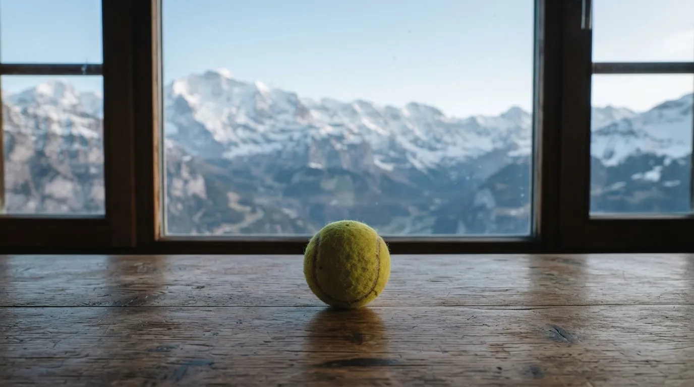 Ein einzelner gelber Tennisball liegt auf einem Holztisch vor einem Fenster mit Alpenblick