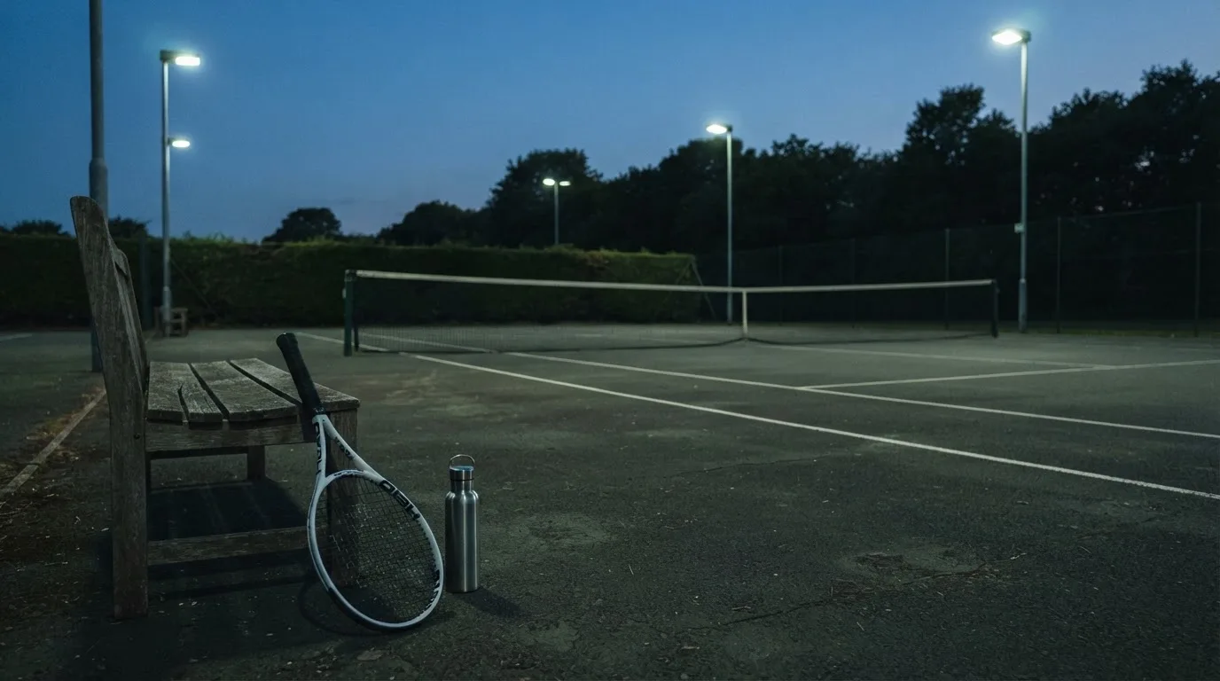 Ein Tennisschläger lehnt an einer Bank neben einer Wasserflasche, am Abend ruht der Platz im Flutlicht, aus der Ferne gesehen