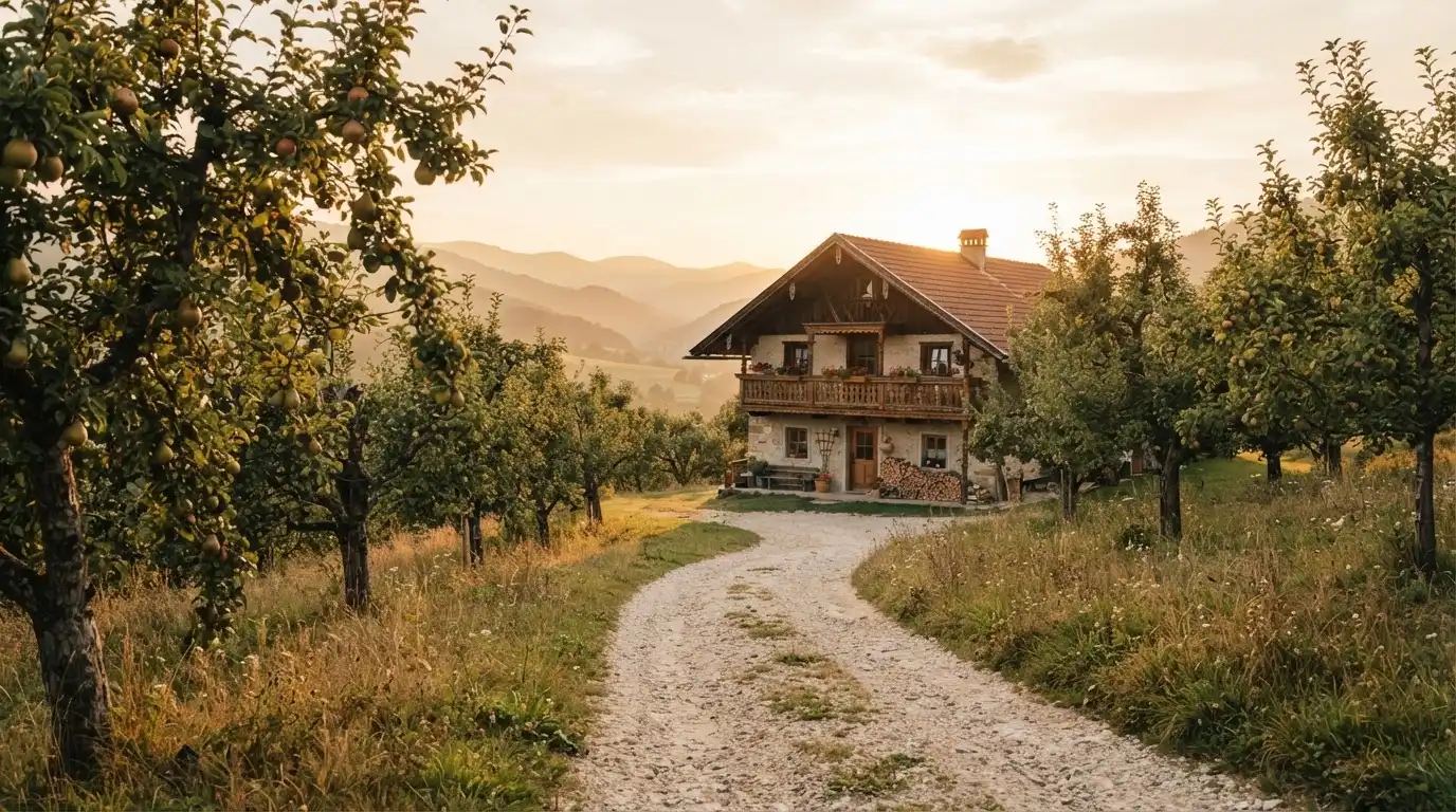 Ein Kiesweg führt durch einen Obstgarten zu einem Bauernhaus mit Holzbalkon, über dem Tal liegt Abendlicht