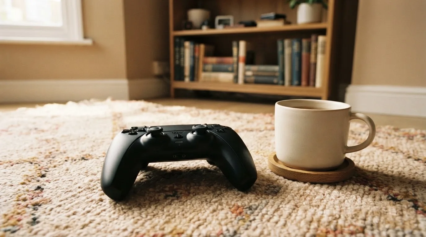 Ein Spielcontroller liegt auf einem Teppich neben einer Tasse, im Hintergrund ein Regal mit Büchern