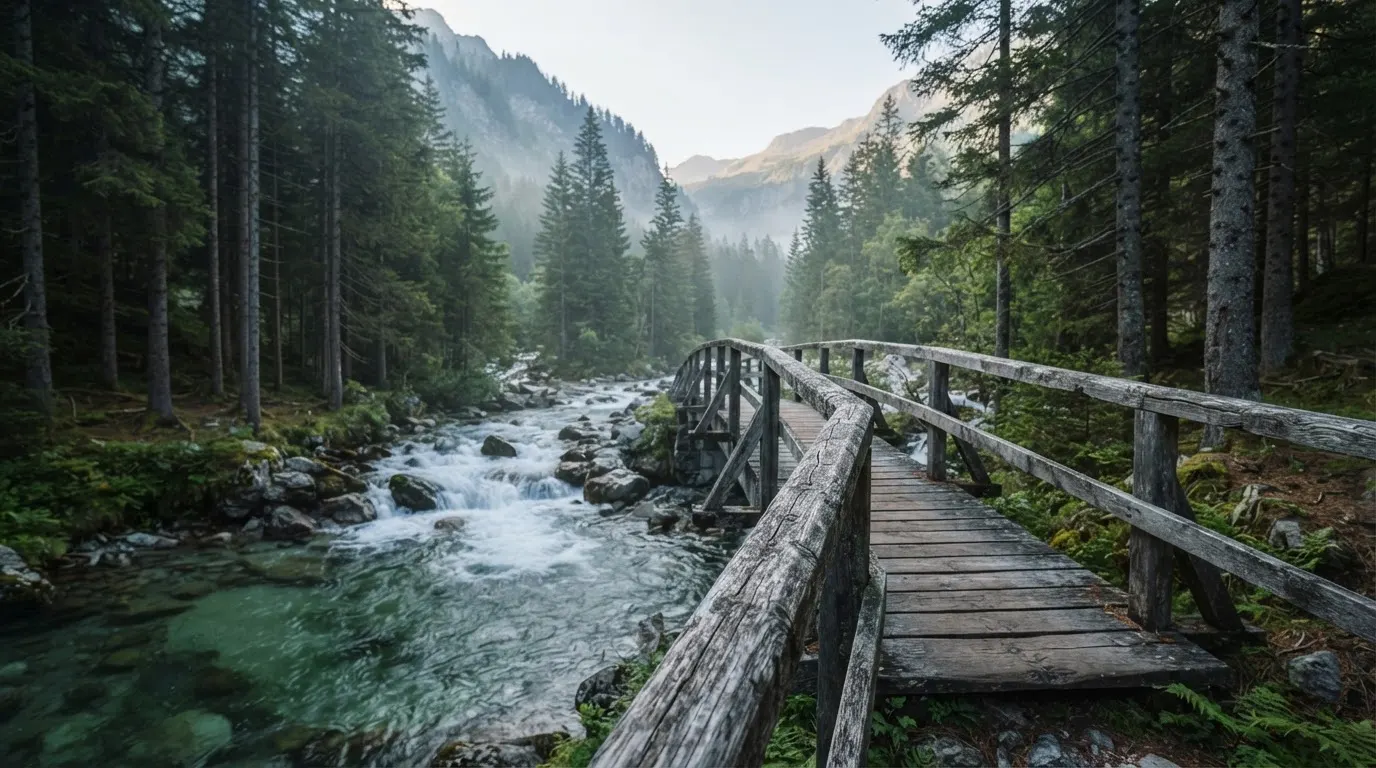 Eine alte Holzbrücke führt über einen Bergbach im Morgenlicht, Tannen säumen das Ufer