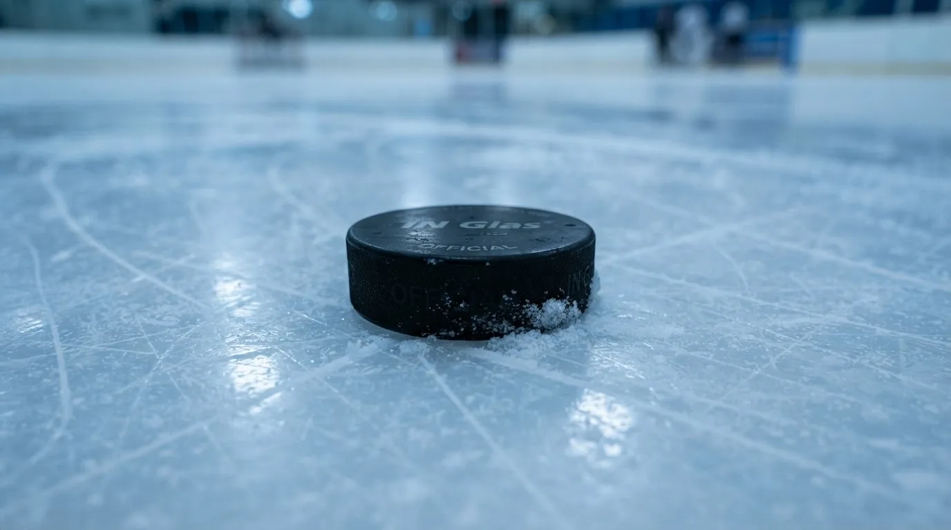 Ein Eishockeypuck liegt auf einer Eisfläche mit Kratzspuren, Nahaufnahme mit kühlen Reflexen