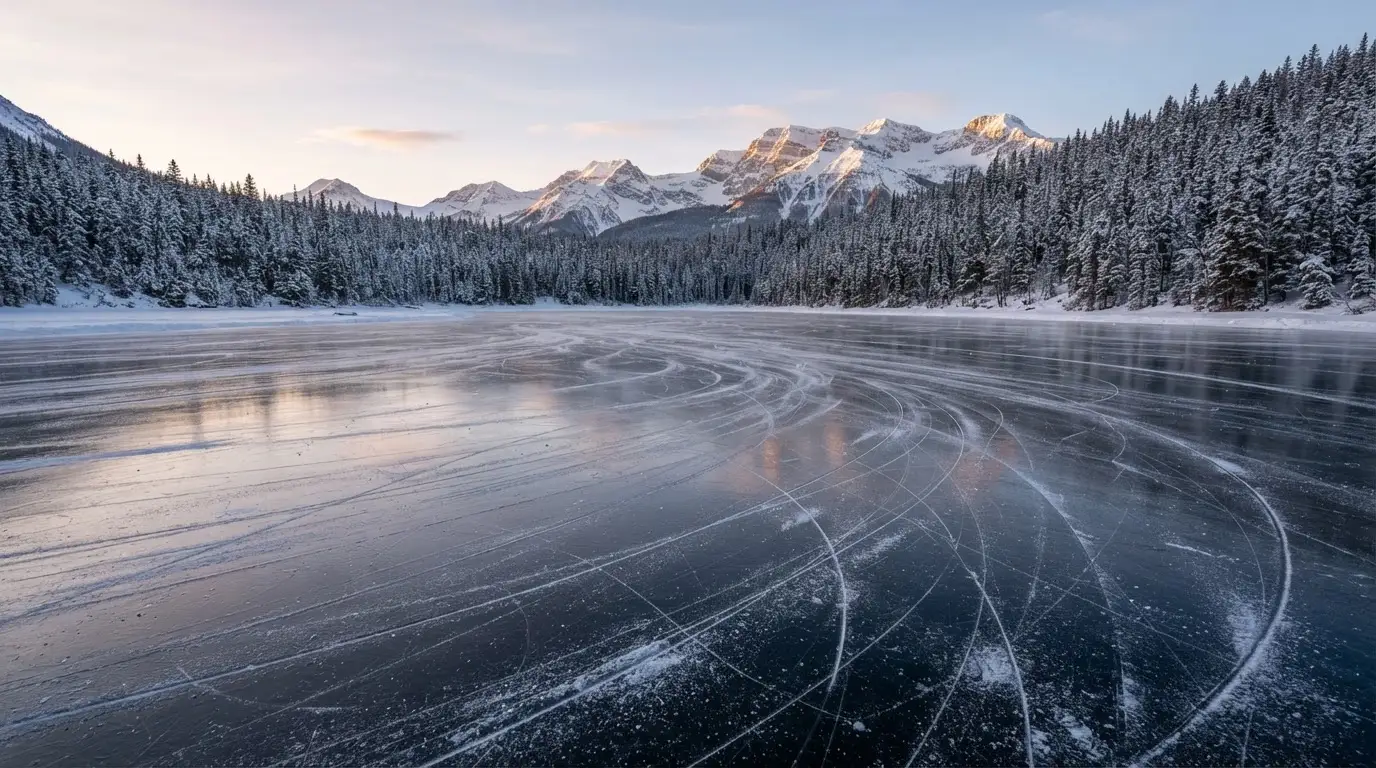 Ein zugefrorener Bergsee mit Spuren von Schlittschuhen am Morgen, dahinter ein verschneiter Wald