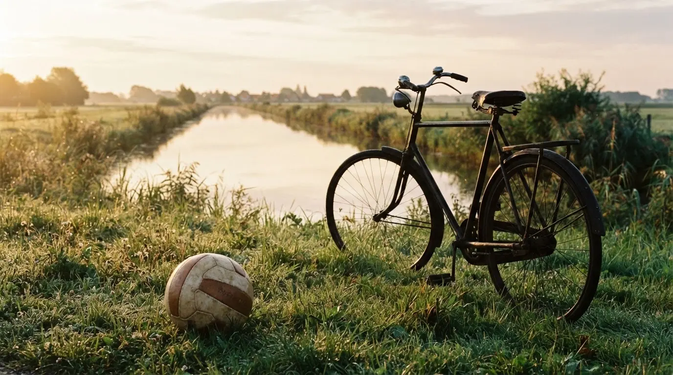 Ein Fussball liegt auf einer Wiese neben einem Fahrrad, im Hintergrund ein Kanal im Morgenlicht