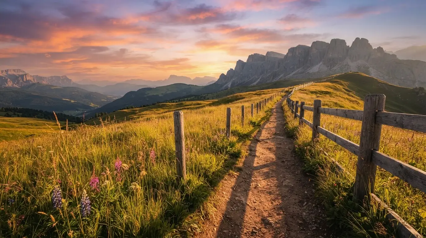 Ein Wanderweg führt durch eine Almwiese im Sonnenuntergang, am Wegrand steht ein Holzzaun