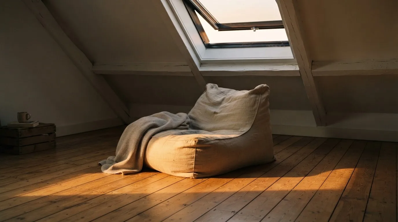 Ein leerer Sitzsack steht in einem Zimmer mit Dachfenster, Abendlicht fällt auf den Holzboden