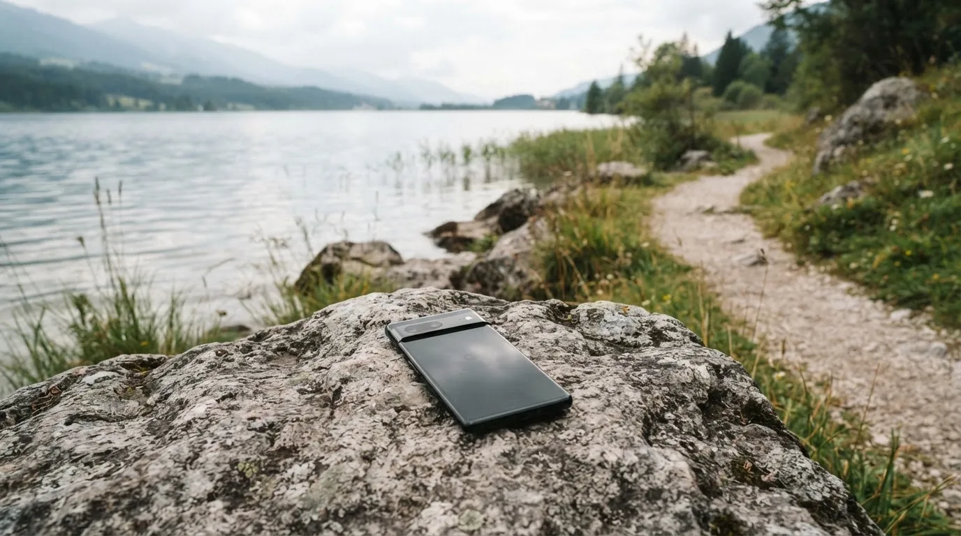 Ein schmaler Wanderweg führt am Seeufer entlang, auf einem Stein liegt ein Smartphone mit dunklem Display