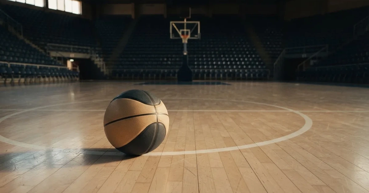 Ein Basketball liegt auf dem hellen Parkett einer leeren Halle, im Hintergrund steigen die Tribünenreihen im Halbdunkel an.