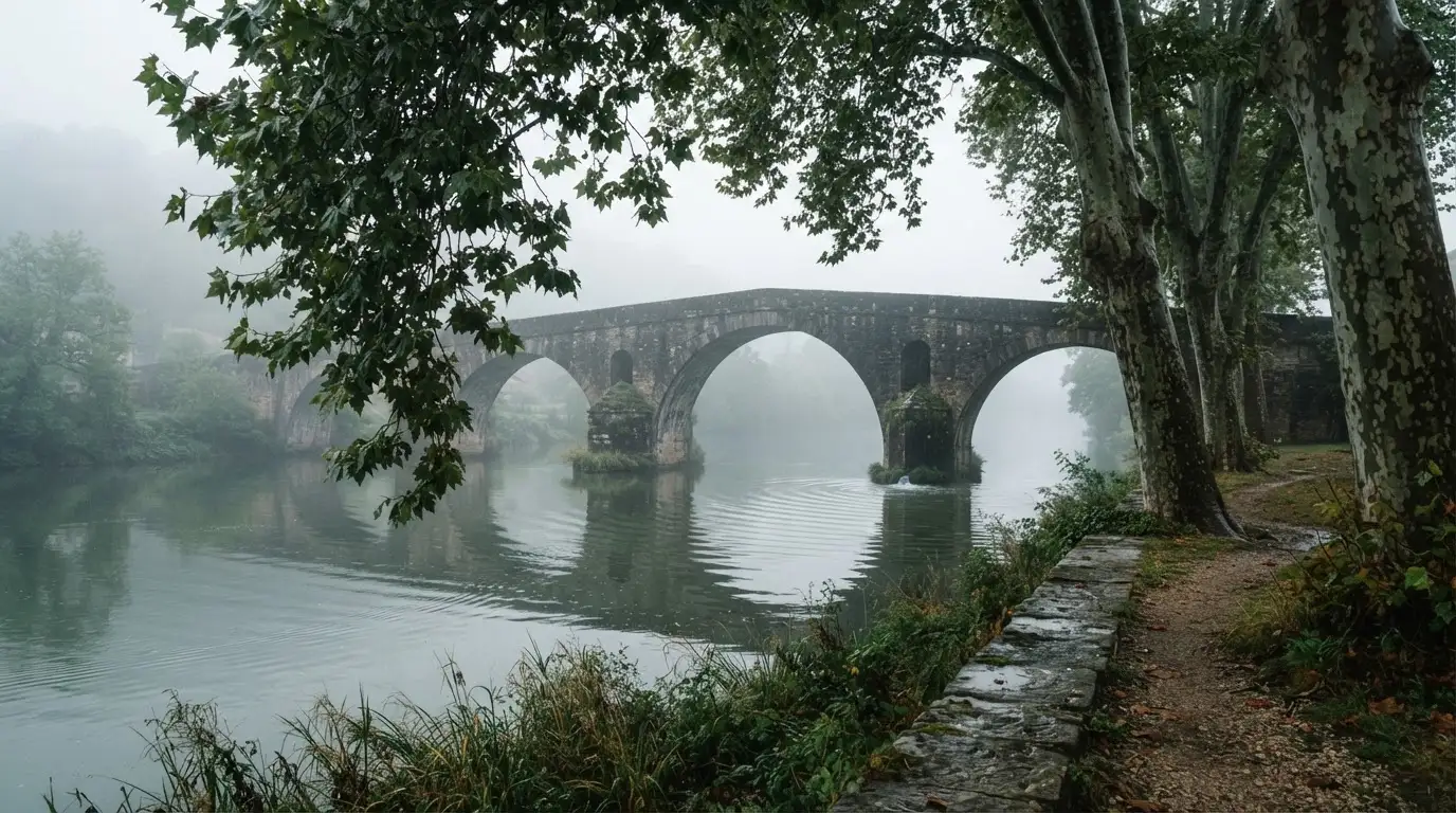 Ein breiter Fluss fliesst unter einer Steinbrücke im Nebel, am Ufer stehen Platanen mit nassen Blättern.