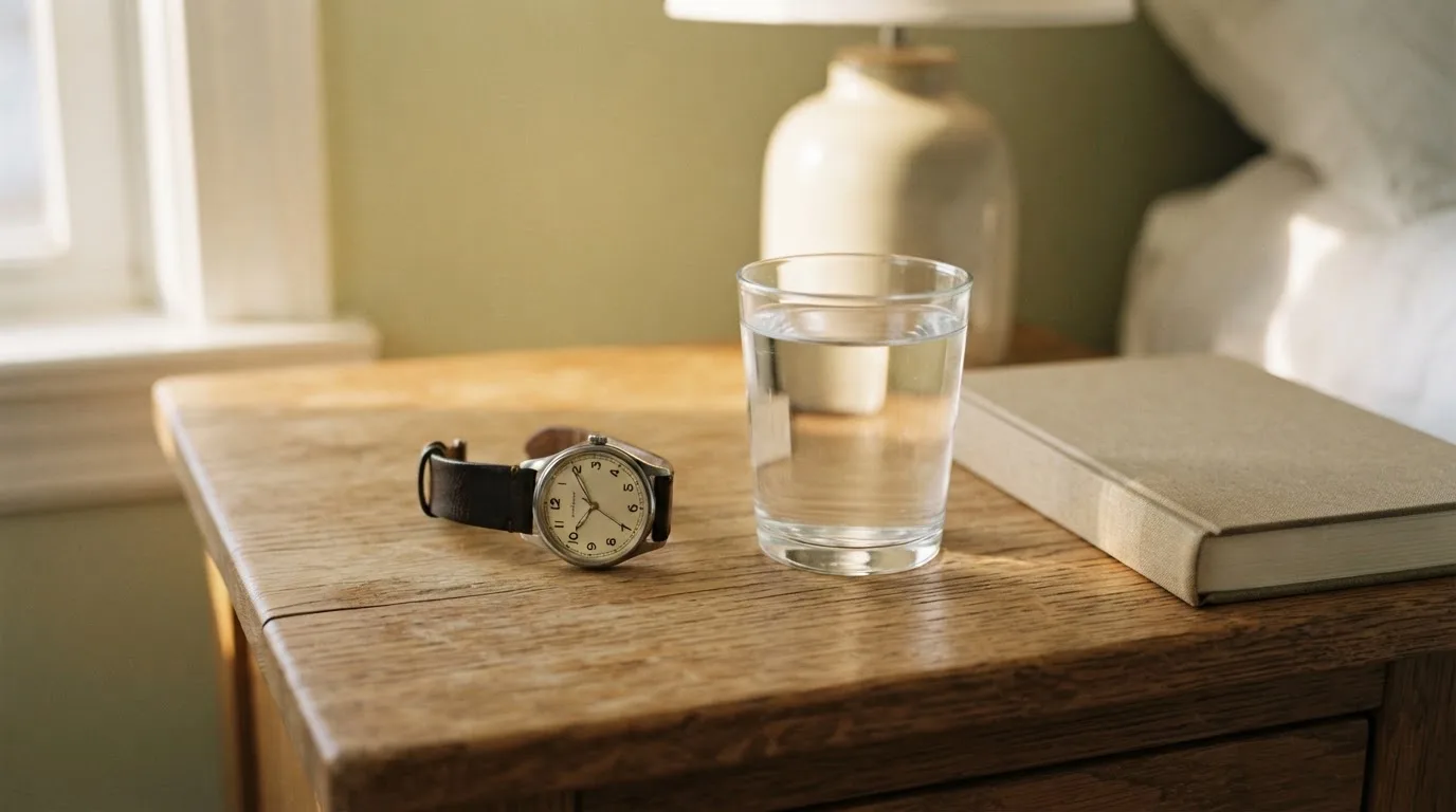 Eine Armbanduhr und ein Wasserglas stehen auf einem Nachttisch im ersten Morgenlicht, daneben ein zugeklapptes Buch.