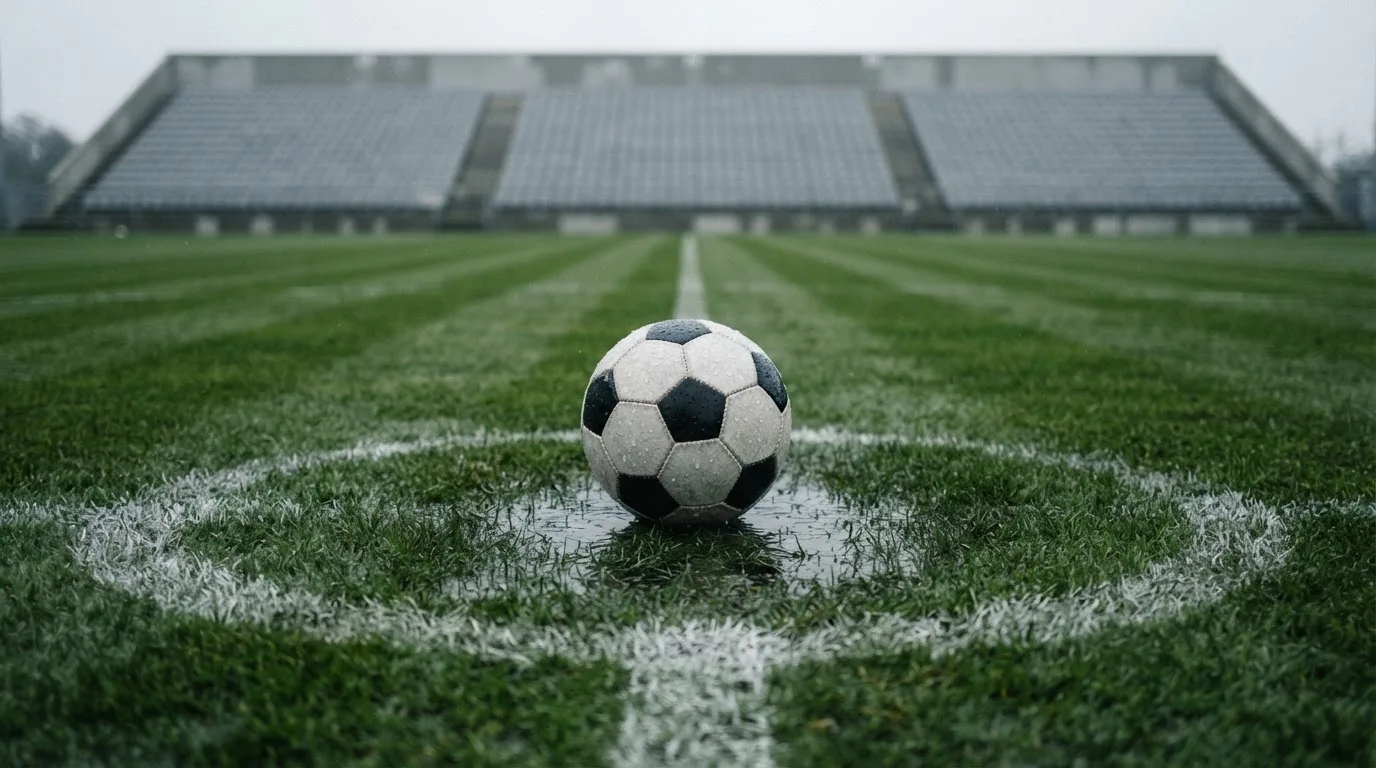 Ein Fussball liegt auf dem Anstosspunkt eines nassen Rasens, dahinter eine leere Tribüne unter grauem Himmel.