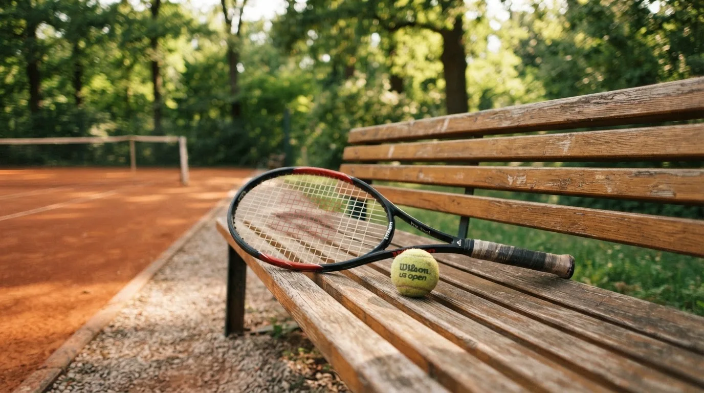 Ein Tennisball und ein Schläger ruhen auf einer Holzbank am Spielfeldrand, im Hintergrund hohe Bäume im Sommerlicht.