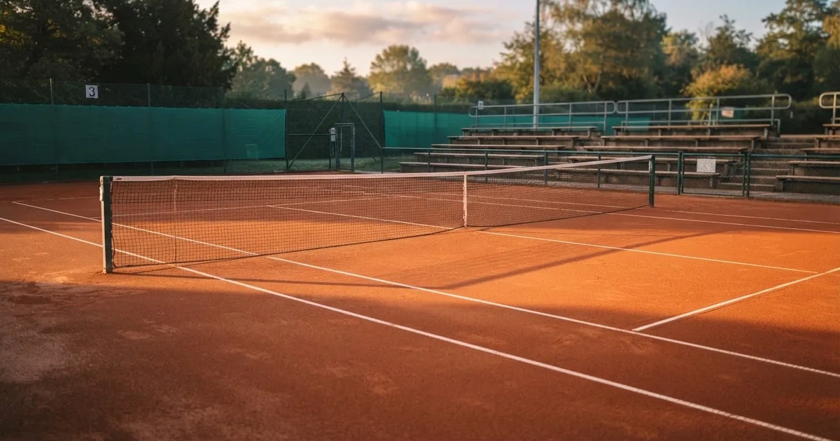 Ein Tennisplatz aus rotem Sand liegt im ersten Licht des Morgens, das Netz hängt still und die Linien sind frisch gezogen.