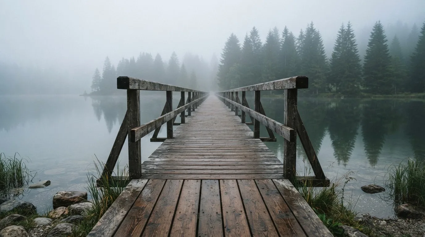 Ein Holzsteg führt über einen ruhigen Bergsee im Nebel, am anderen Ufer stehen dunkle Tannen.