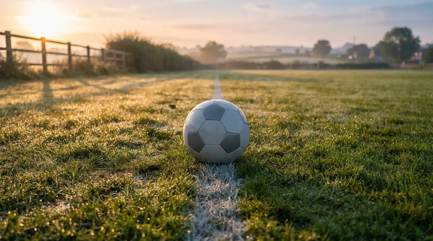 Ein Fussball liegt im Tau auf der Mittellinie eines Dorfplatzes bei Sonnenaufgang, der Rasen glitzert.