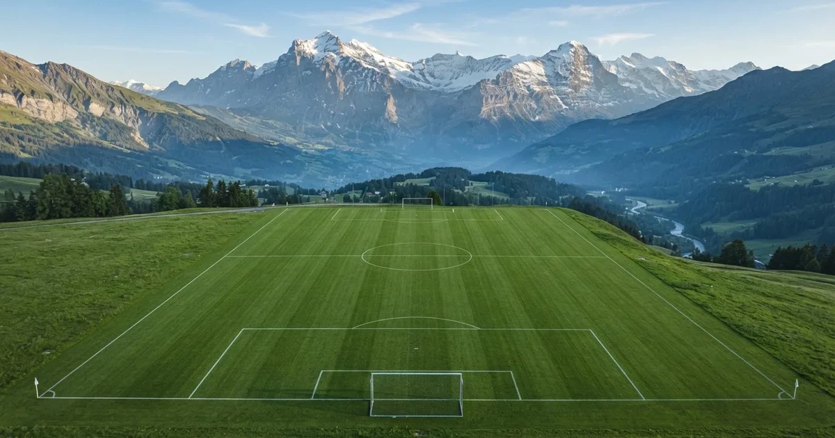 Ein Fussballplatz aus der Vogelperspektive mit sauberen Linien auf dichtem Rasen, in der Ferne verschneite Berge.