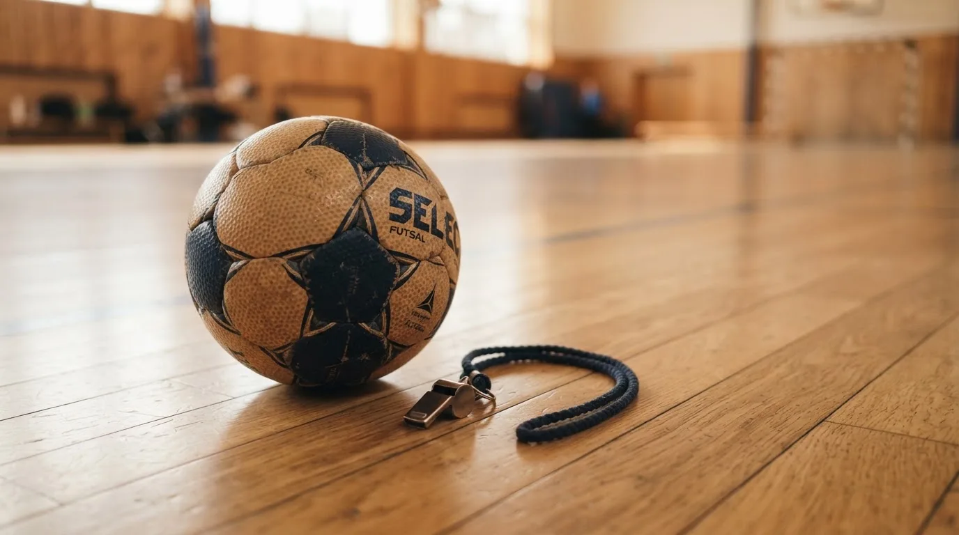 Ein kleiner, schwerer Ball liegt auf glattem Hallenparkett neben einer Trillerpfeife an einer Schnur.