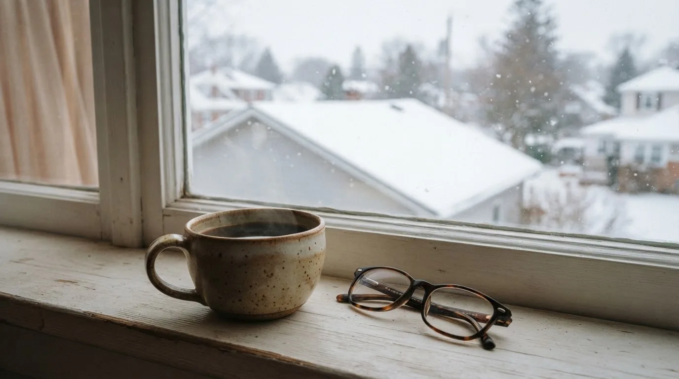 Eine Kaffeetasse und eine Brille stehen auf einem Fensterbrett, draussen fällt Schnee auf ein Dach.
