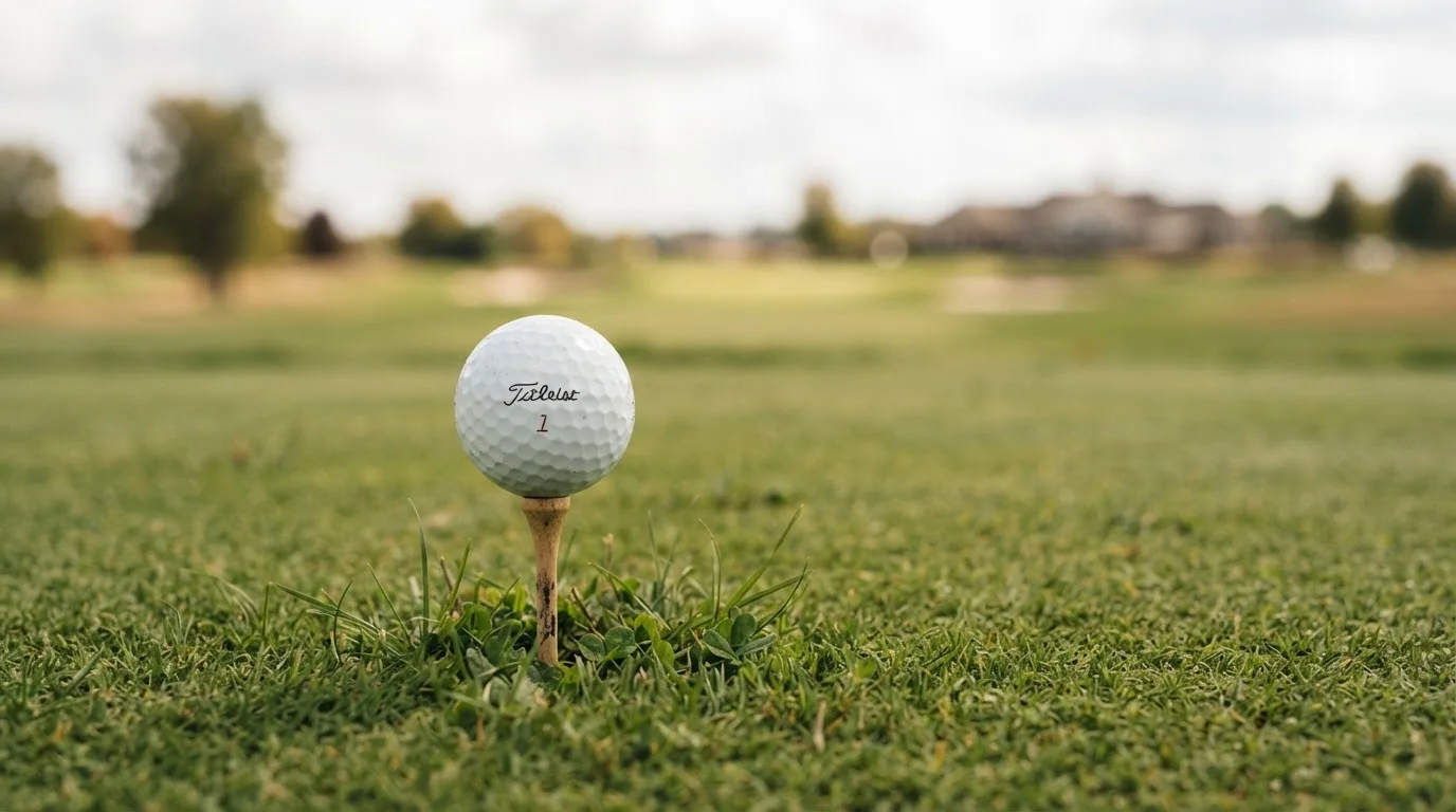 Ein Golfball liegt auf einem Holztee im Gras, scharf im Vordergrund, dahinter verschwimmt eine weite Wiese.