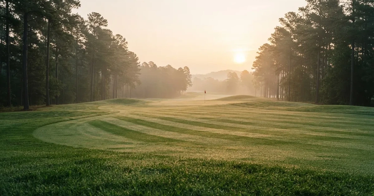 Ein weites Fairway zieht sich im Dunst des frühen Morgens zwischen Föhren hin, Tau liegt auf dem kurzen Gras.