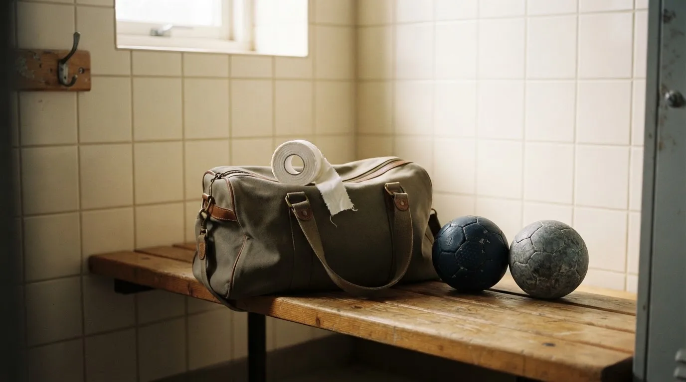 Eine Stofftasche mit Klebeband und zwei Handbällen steht auf einer Bank in einer Umkleide, Licht fällt durch ein kleines Fenster.