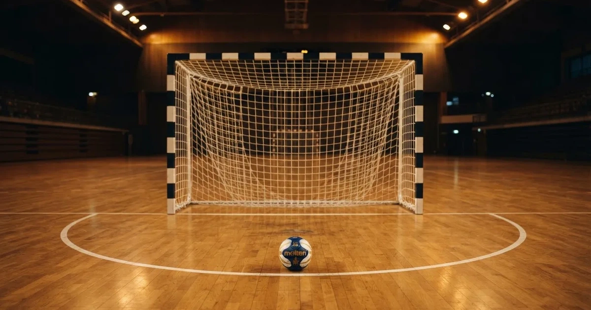 Ein Tor mit dicht gespanntem Netz steht in einer grossen Halle, davor liegt ein Handball auf der Torraumlinie.