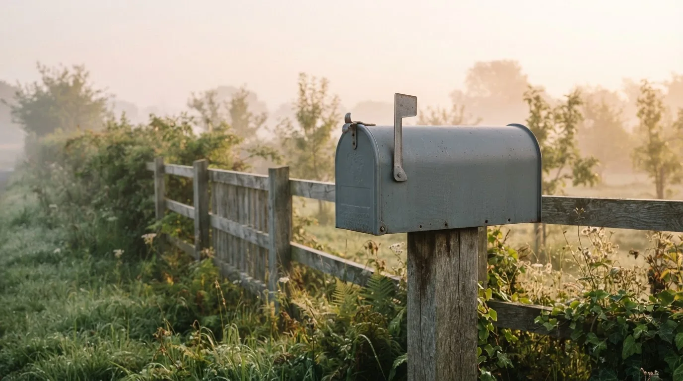 Ein Briefkasten aus Metall hängt an einem Holzzaun, dahinter liegt ein Garten im Morgennebel.