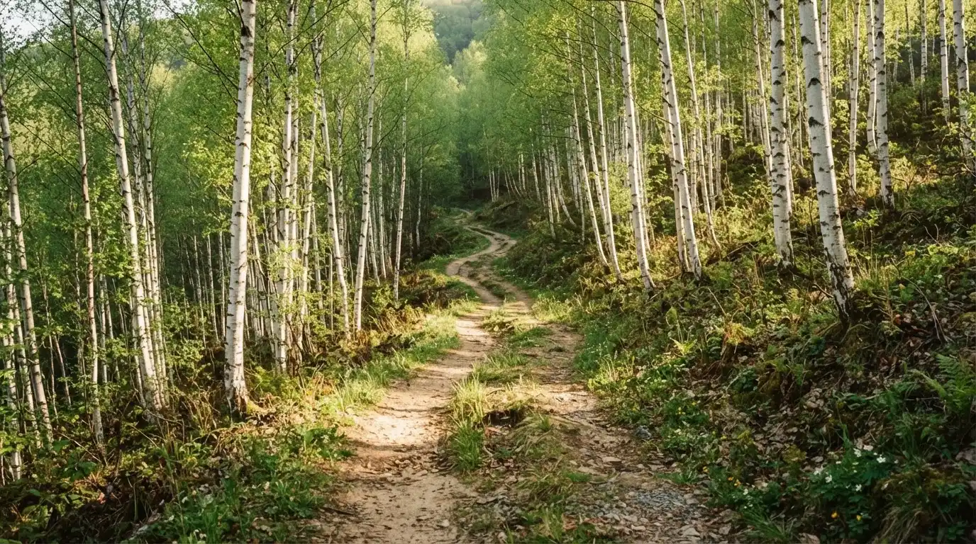 Ein Wanderweg führt zwischen hellen Birken bergauf, Sonnenstrahlen fallen durch das Laub auf den Boden.