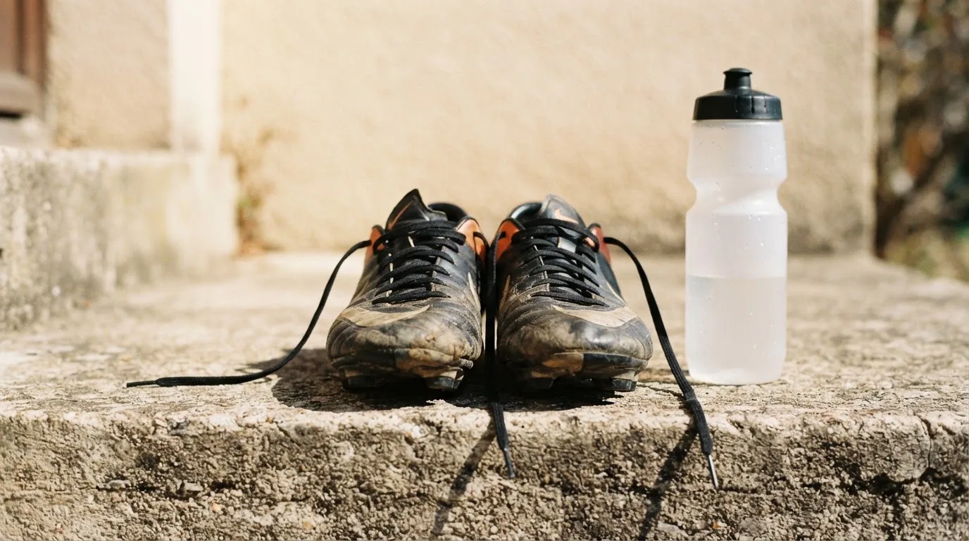Ein Paar abgetragene Fussballschuhe steht neben einer Wasserflasche auf einer Treppenstufe im Sonnenlicht.