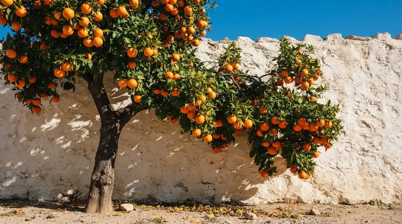 Ein Orangenbaum mit reifen Früchten wächst an einer weissen Mauer unter blauem Himmel.