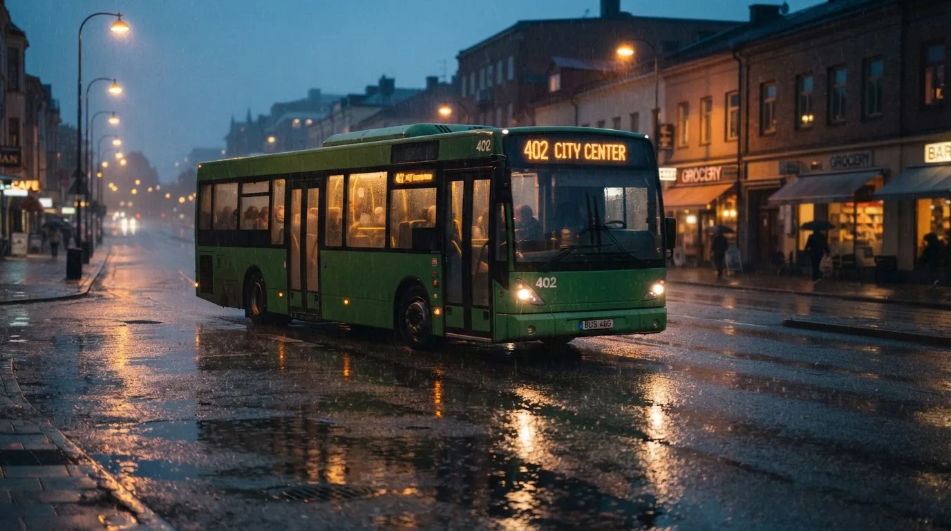 Ein Stadtbus fährt an einem regnerischen Abend durch eine Strasse mit Pfützen, die Lichter spiegeln sich im Asphalt.