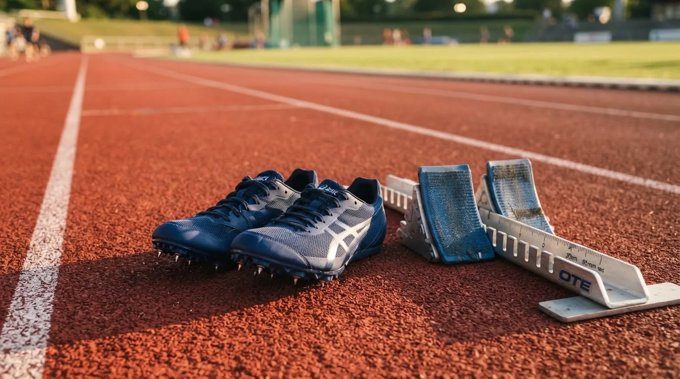Ein Paar Laufschuhe mit Spikes liegt auf einer Tartanbahn neben einem Startblock, die Linien verlaufen in die Ferne.