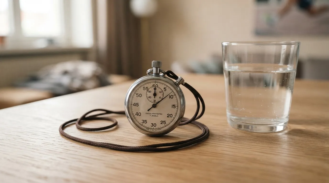 Eine Stoppuhr an einer Schnur liegt auf einem Holztisch neben einem Wasserglas, das Licht ist ruhig.