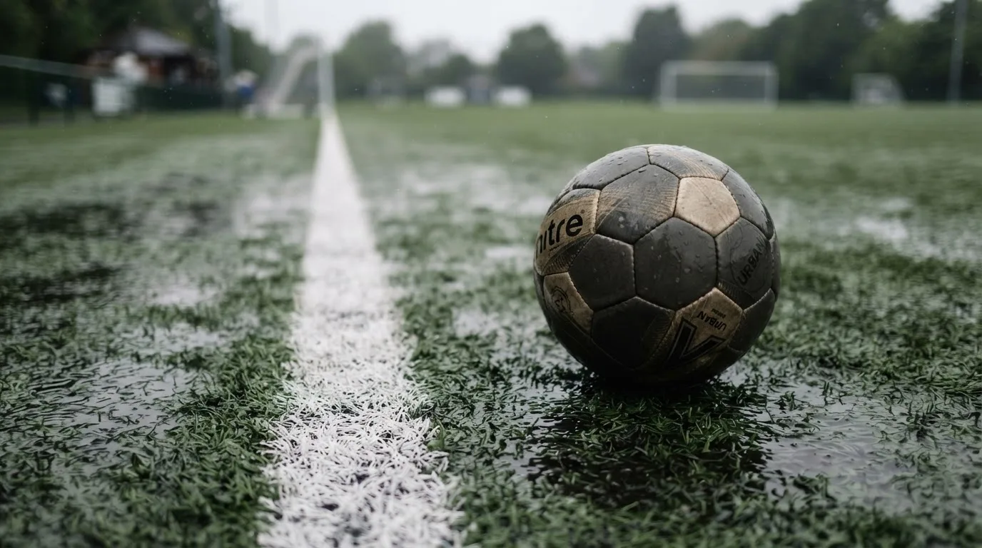 Ein Fussball liegt auf nassem Kunstrasen neben einer weissen Linie, Pfützen spiegeln den Himmel.