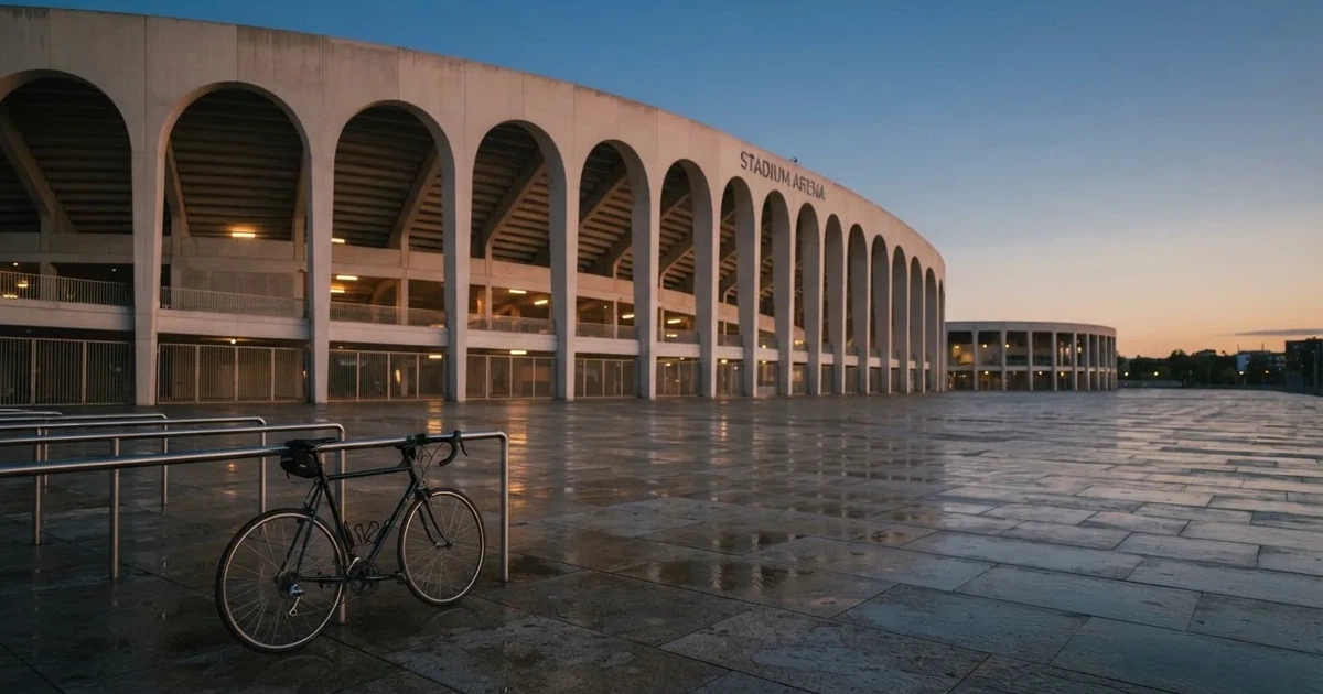 Ein Stadionrund von aussen in der Dämmerung, Betonbögen und leerer Vorplatz, ein Fahrrad lehnt am Geländer.