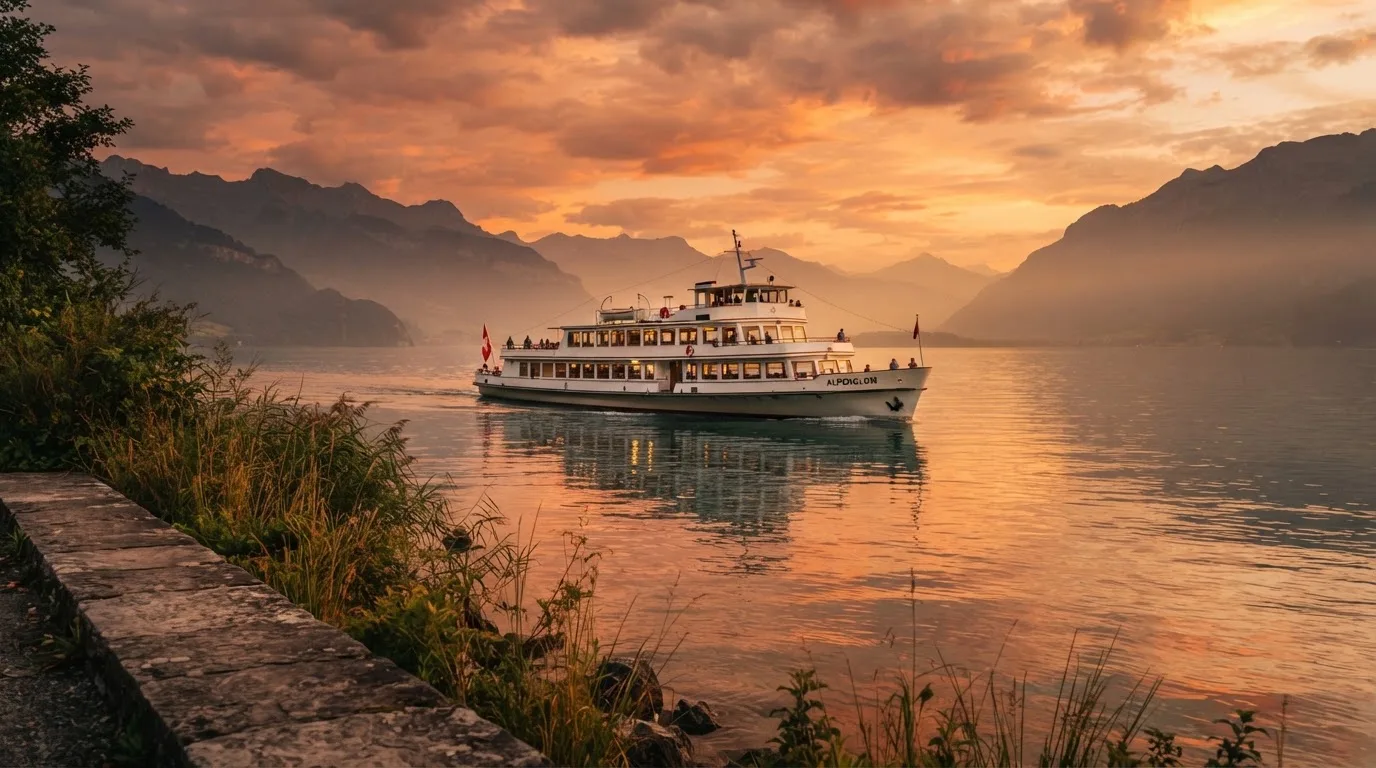 Eine Fähre gleitet bei Sonnenuntergang über einen ruhigen See, das Wasser glänzt in Orange.