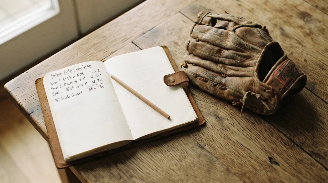 Ein aufgeschlagenes Notizbuch mit handgeschriebenen Notizen und ein Bleistift liegen auf einem Holztisch neben einem abgegriffenen Baseballhandschuh.