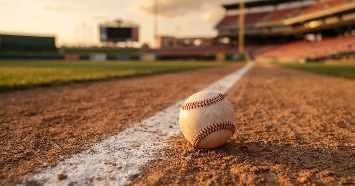 Ein weisser Baseball liegt auf rotbraunem Sand neben der Grundlinie eines leeren Stadions im warmen Abendlicht, die Ränge sind verlassen.