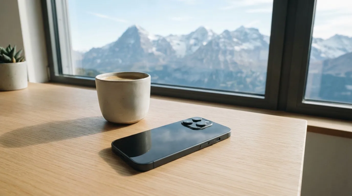 Ein Smartphone mit dunklem Bildschirm liegt auf einem hellen Schreibtisch neben einer Tasse, durch das Fenster dahinter sieht man eine Bergkette.
